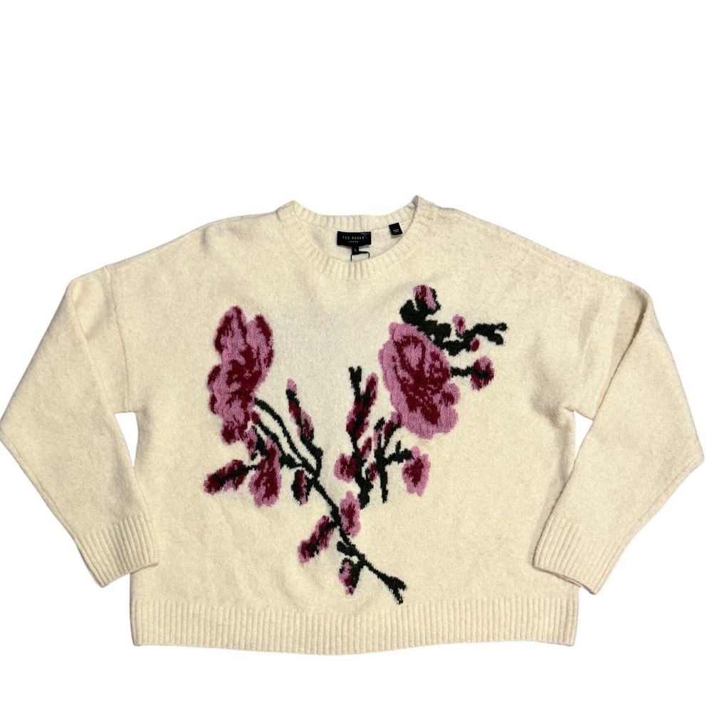 NWT Ted Baker London Floral Embroidered Wool Alpaca Blend Cream Sweater Women M - Picture 2 of 12